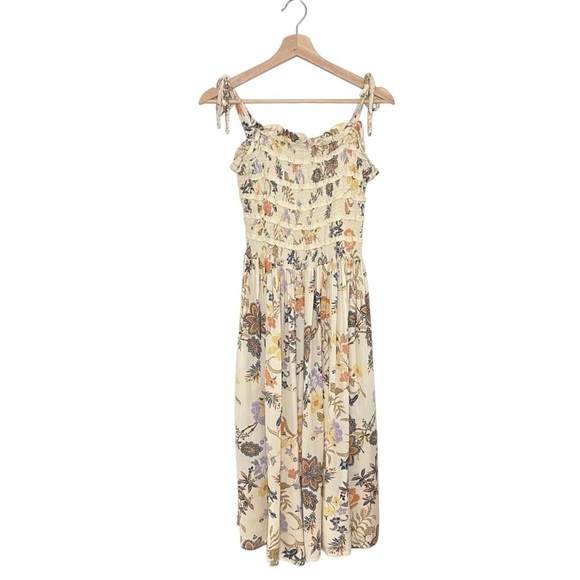 Free People Isla Floral Tie Strap Smocked Bodice Midi Dress Sweet Cream Small - Picture 6 of 16